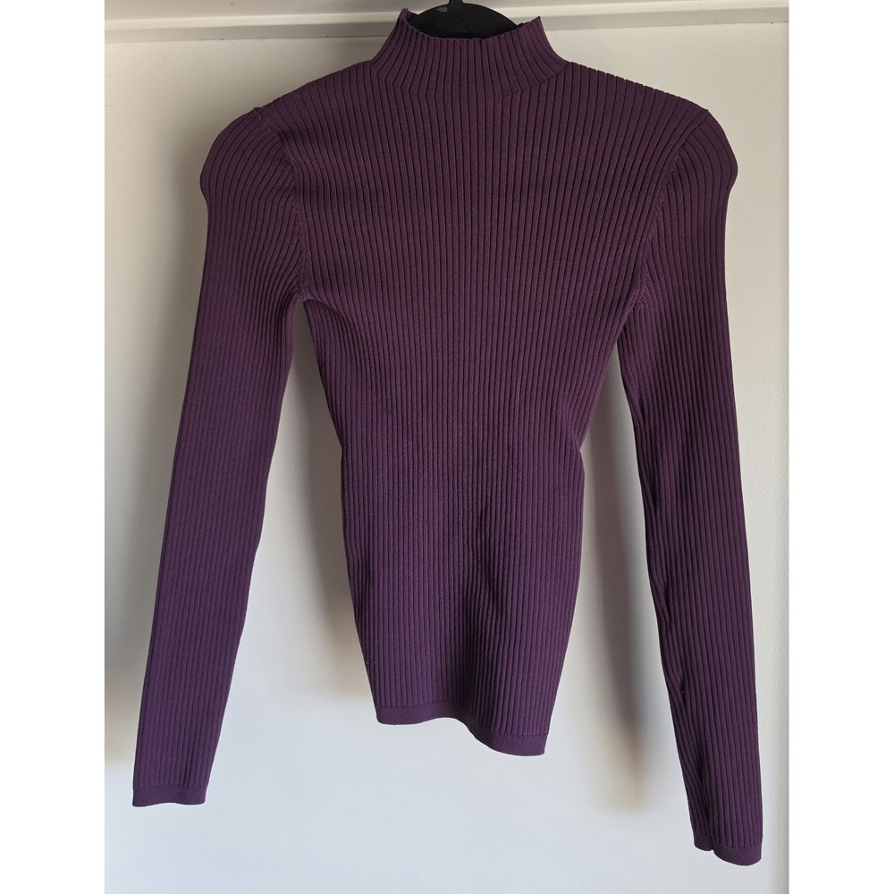 Babaton Women Turtleneck Top 2XS Purple Ribbed Long Sleeve Open Tie Back